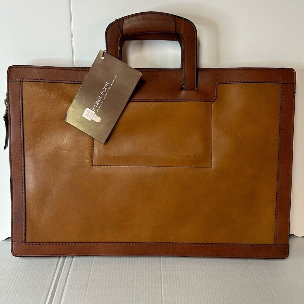 Michael Scott Leather Portfolio Case Two Toned Brown Top Zipper